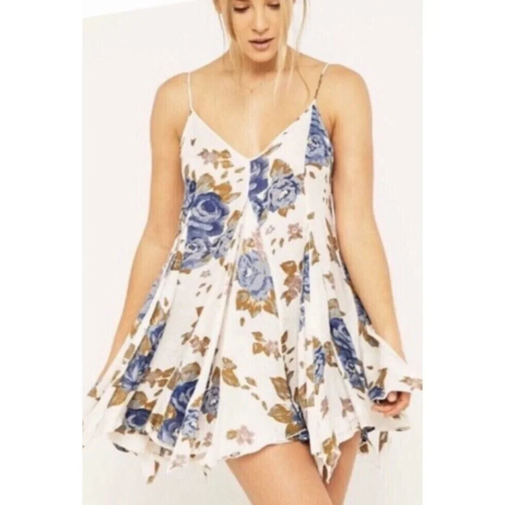 Intimately Free People XS Alyson tank slip mini dress tunic cream blue floral - Picture 4 of 9
